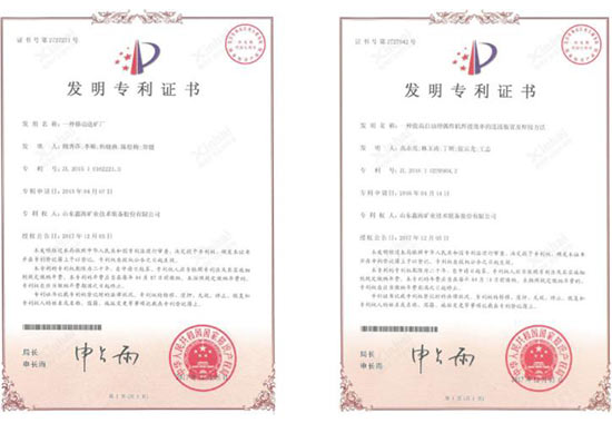 鑫海選礦設(shè)備專利證書